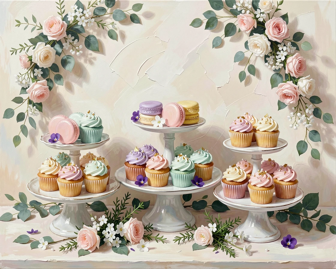 A delicate wedding dessert table shows an assortment of colorful cupcakes and macarons arranged in elegant tiers beneath floral garlands, small garnishes and finishing touches arranged with quiet, deliberate care.