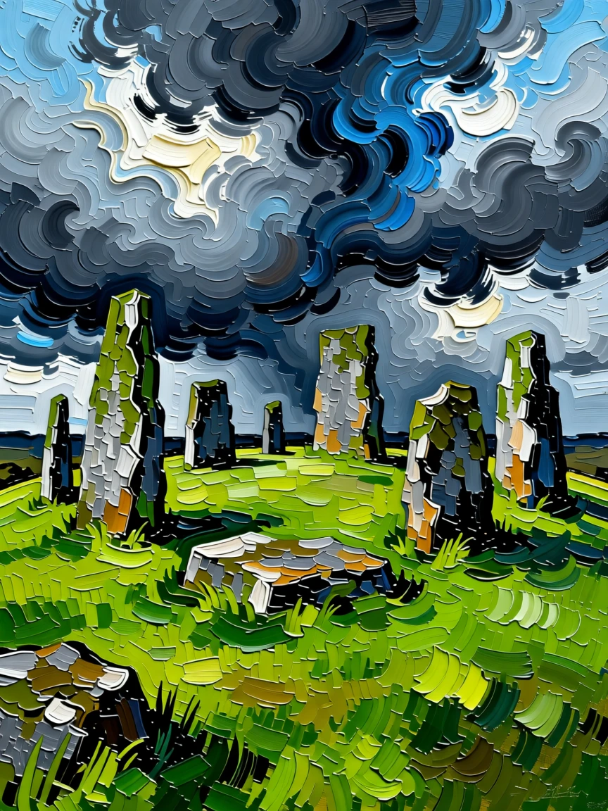 A rolling green hill dotted with ancient standing stones under a moody grey sky