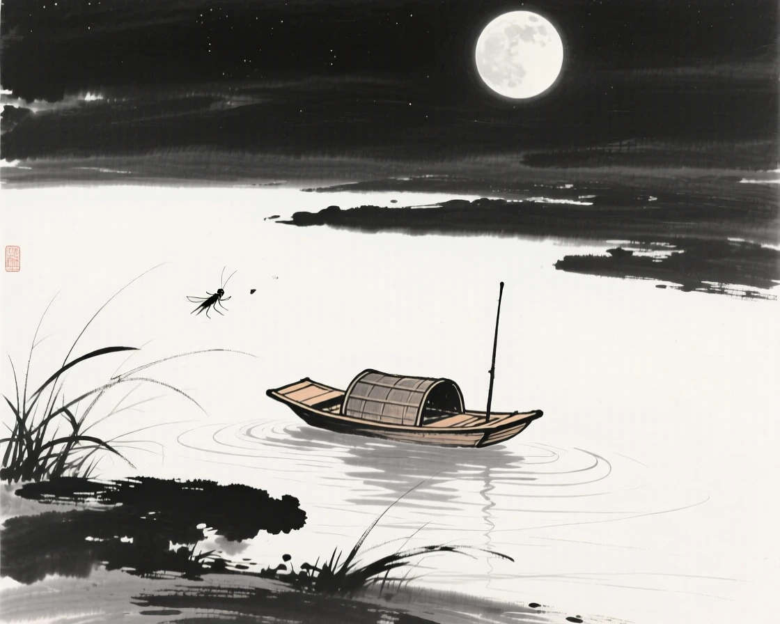 A small boat drifts silently across a river under a bright full moon, as crickets sing softly from the surrounding grass.