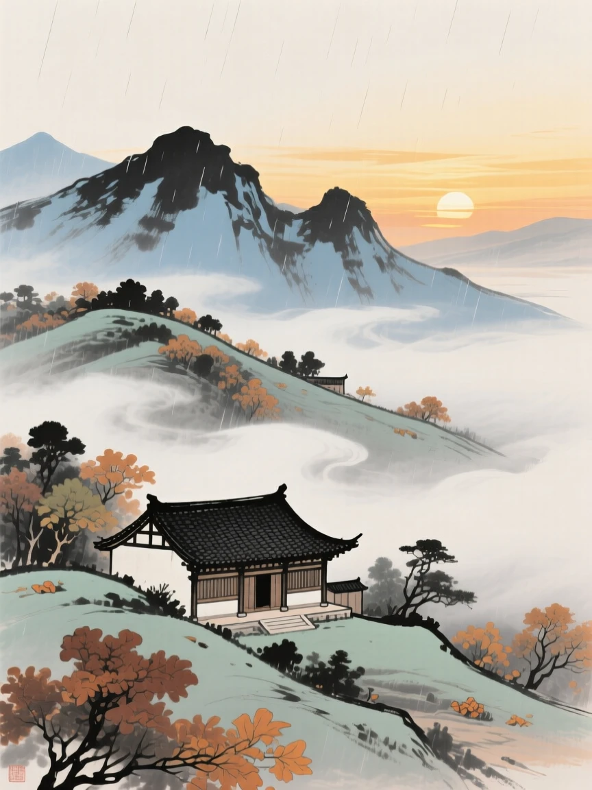 A hillside monastery wrapped in drifting cloud, as the sun sets behind distant peaks, beneath a sky washed clean by rain, as autumn leaves turn golden.
