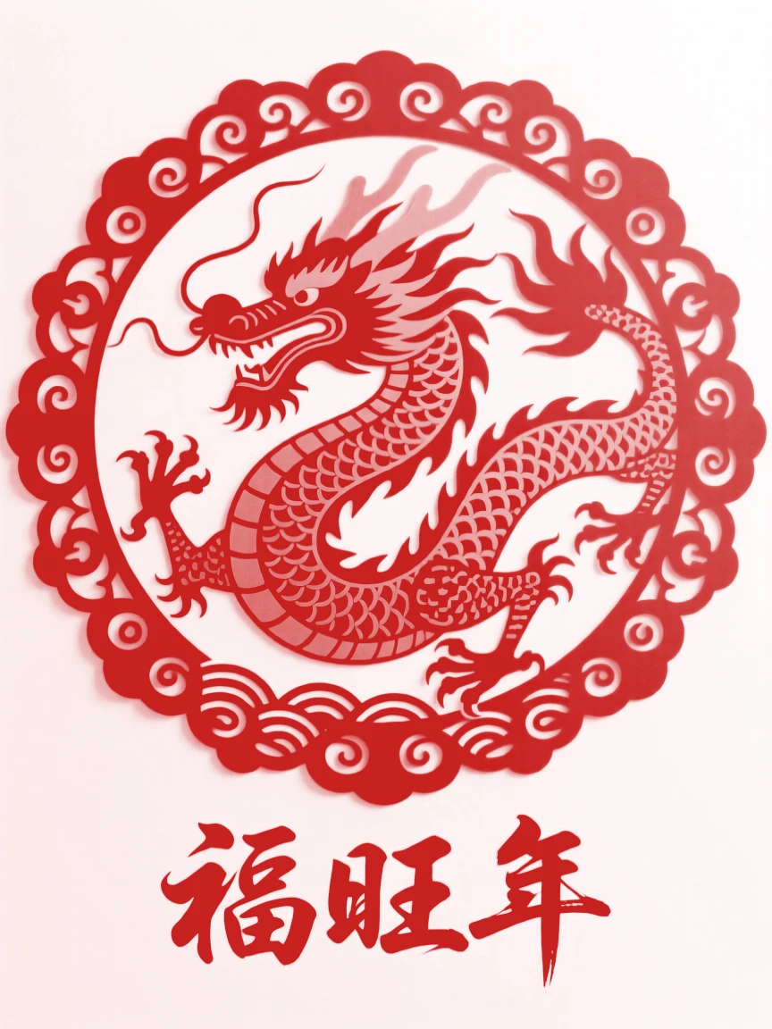 A coiling golden dragon, bordered by a repeating cloud pattern, a wish for prosperity in the year ahead.
