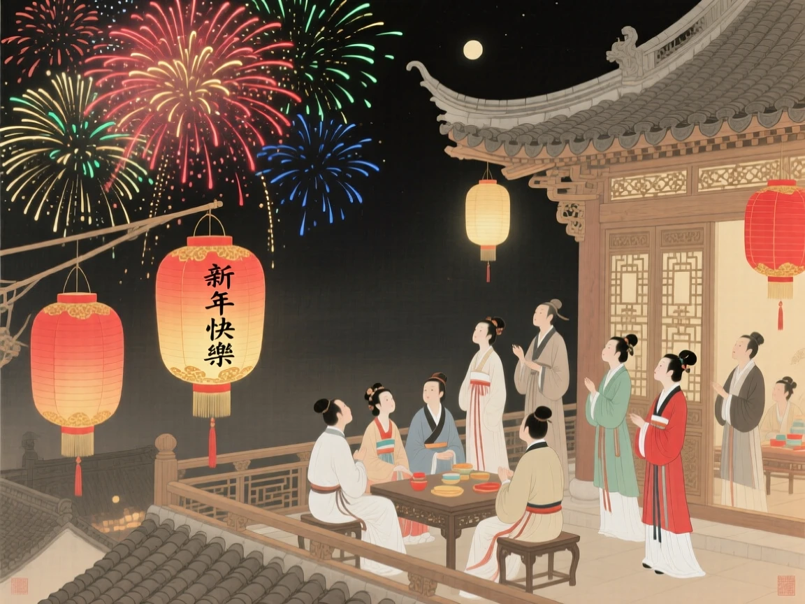 A rooftop gathering to watch fireworks during a lunar new year celebration, with paper lanterns swaying gently in the breeze