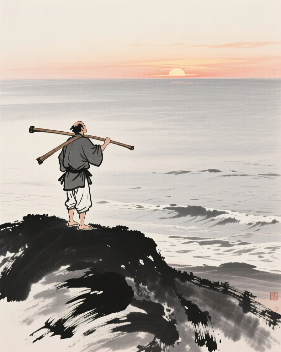 A woodcutter watching the sunset from a hillside on a hillside overlooking the sea, captured mid-gesture in a candid, natural moment, carrying a tender sense of familial warmth.