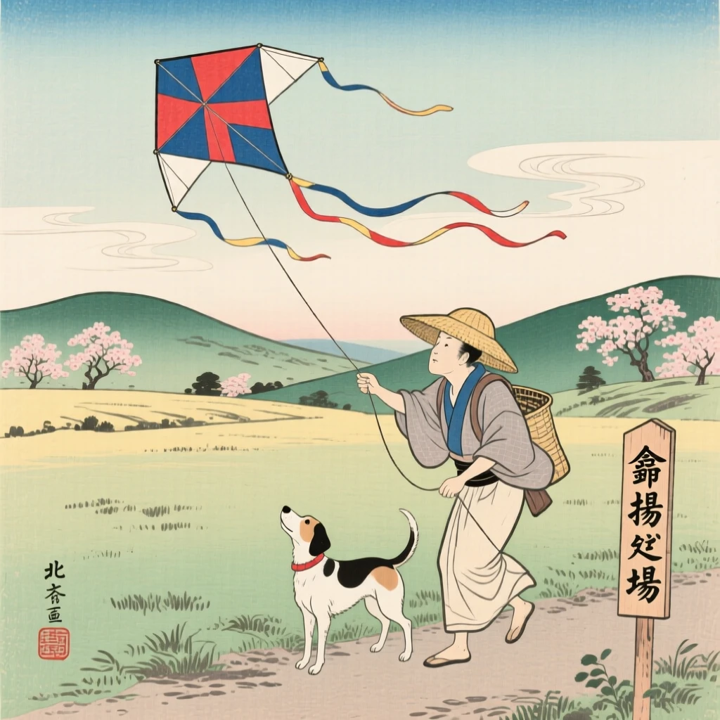 A farmer and his dog flying a kite together in an open field.