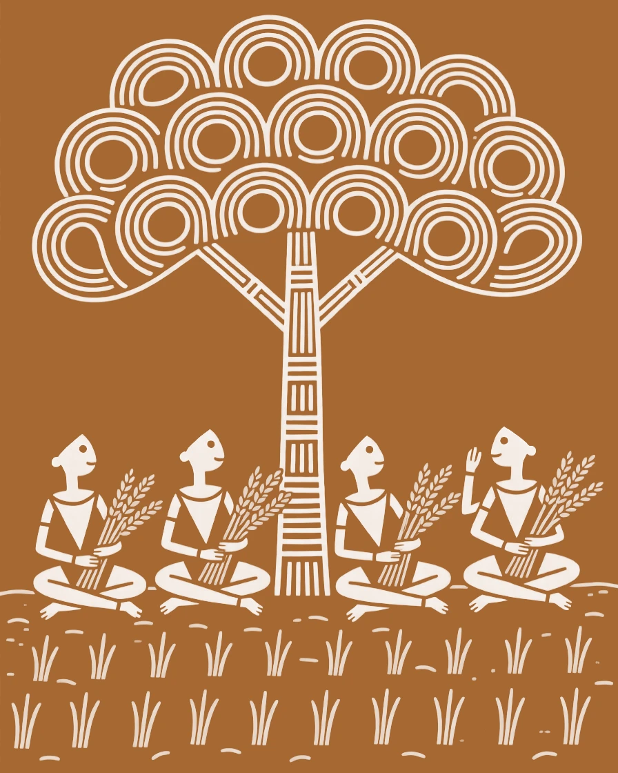 A group of women transplanting rice seedlings resting under a tree after a long day in the field.