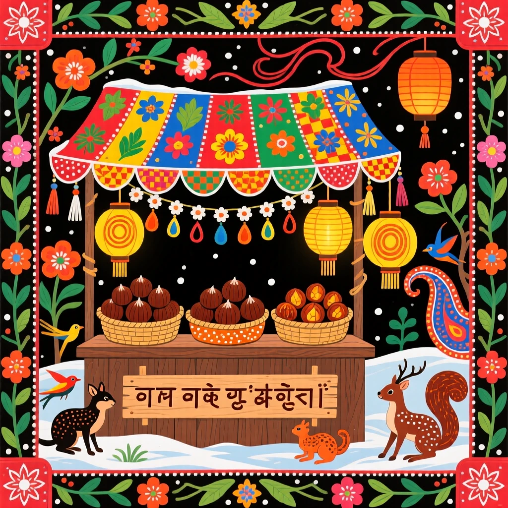 A winter market filled with roasted chestnuts and glowing lanterns.