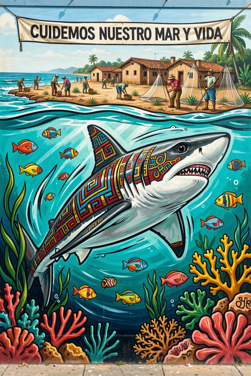 A tropical reef shark gliding through clear shallow water