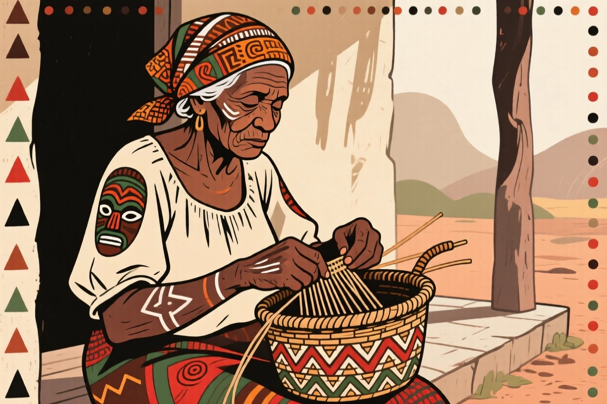 An elderly woman weaving a basket on her porch.