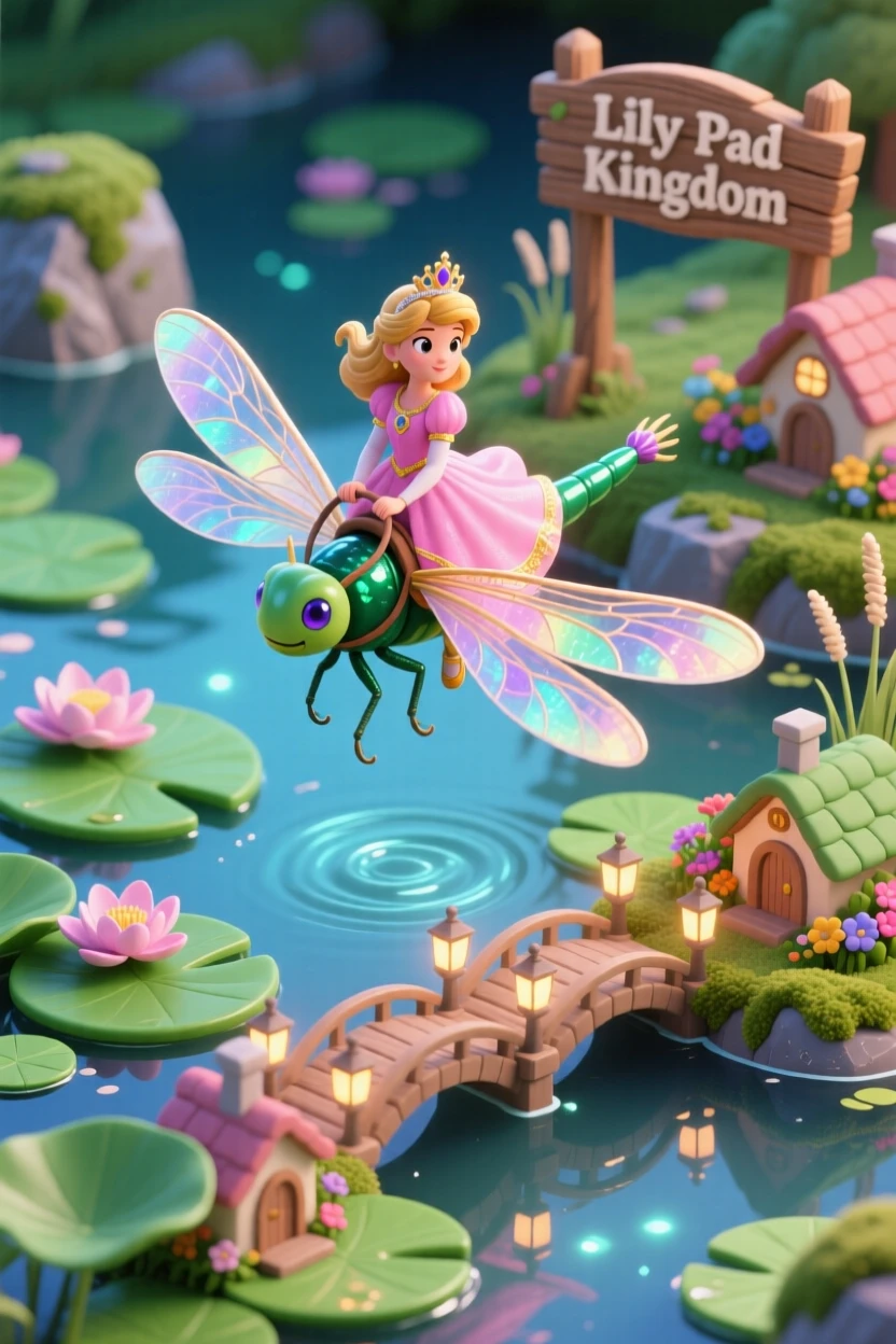 A brave princess riding a giant dragonfly across a lily pad kingdom at the edge of a magical pond.