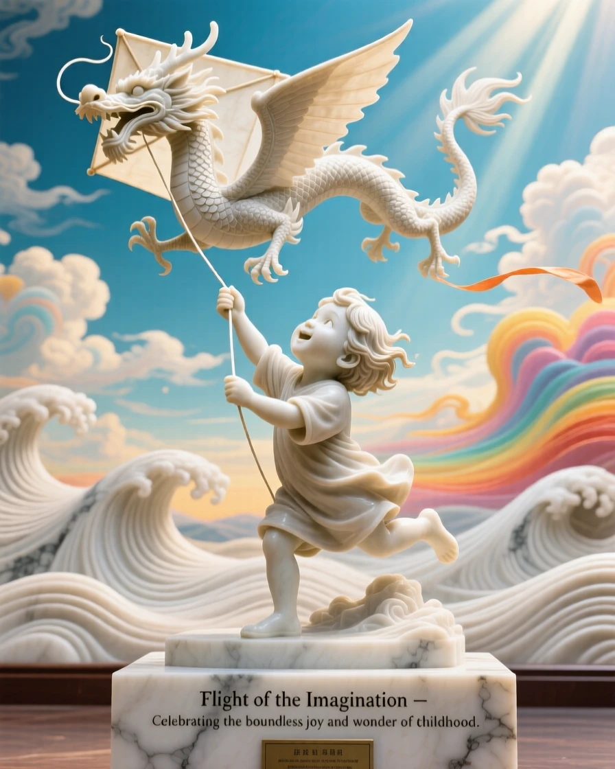 A vivid, emotionally rich scene of a child flying a kite shaped like a dragon, under a brilliant, colorful sky, designed to captivate and inspire