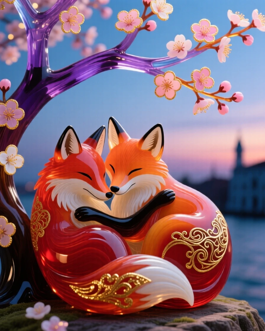 A pair of foxes curled together beneath a blossoming cherry tree at dusk, cozy and tender.