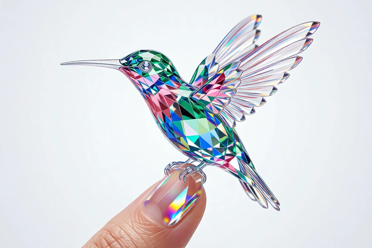 A tiny hummingbird perched on a fingertip, wings folded delicately.