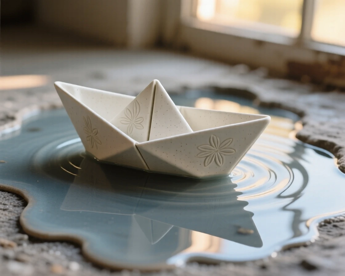 A paper boat floating on a rippling puddle framed in soft, warm ambient light, with delicate patterns etched into its surface, evoking nostalgia and quiet charm.