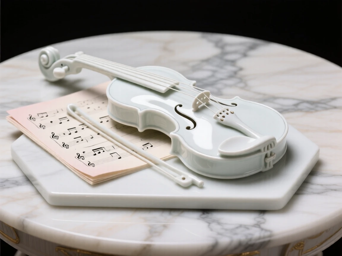 A refined still-life arrangement of a violin resting beside sheet music on a marble tabletop, composed with classical balance and harmony.