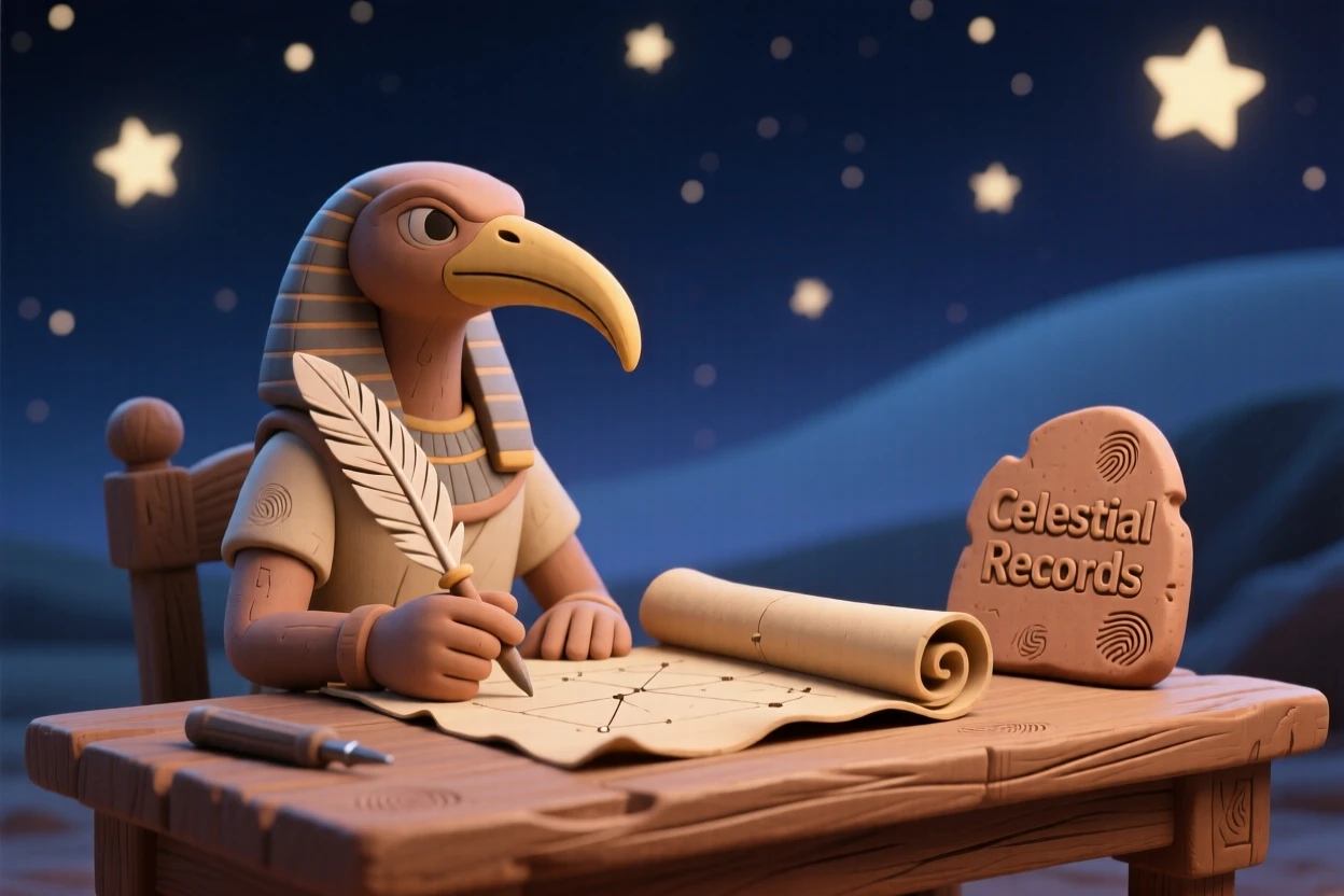 Thoth recording the stars with an ibis-feathered quill