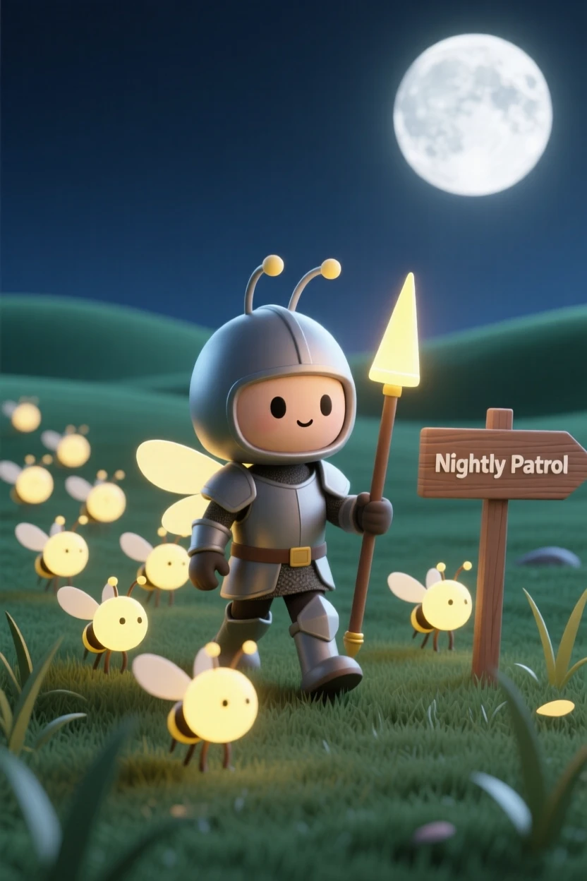 A brave firefly knight leads a swarm of glowing companions through a moonlit meadow on a nightly patrol.