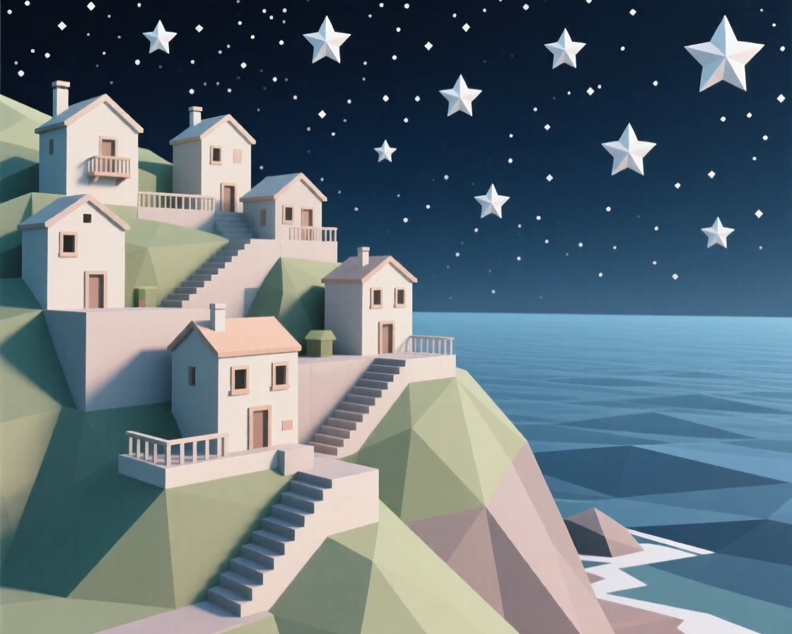 A terraced hillside town overlooking the sea, beneath a sky full of stars. fine architectural details are rendered with clarity. The mood feels romantic and picturesque.