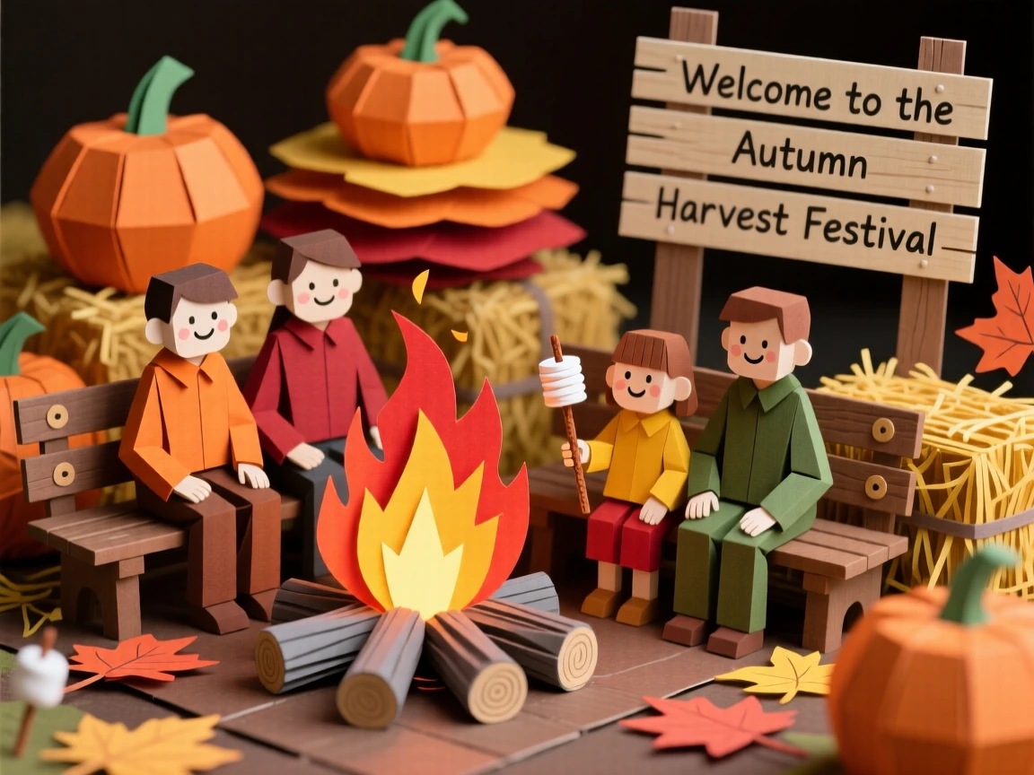 A charming autumn harvest festival filled with the golden light of a bonfire, with family gathered warmly together, evoking festive warmth and joy.
