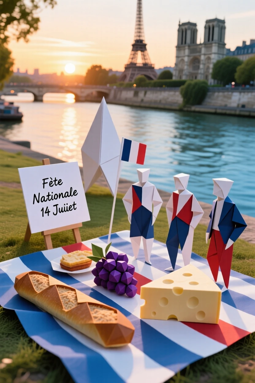 A French Bastille Day picnic scene along the banks of the Seine at sunset.