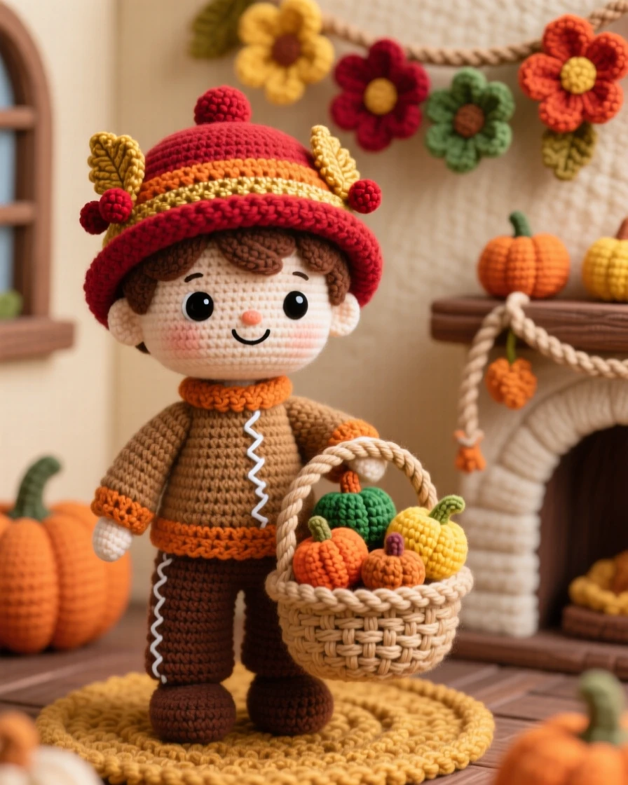 A festive cultural scene of a small boy wearing a festival hat for a harvest thanksgiving gathering, carrying a basket of autumn gourds within a cozy home decorated for a family tradition; a garland of woven flowers draped nearby nearby, full of bright, celebratory warmth.