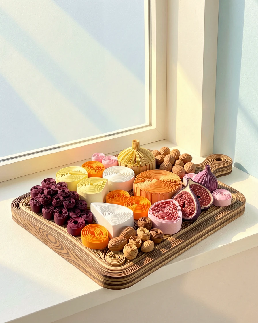 a rustic charcuterie board with cheese, fruit, and nuts, on a cozy windowsill with morning light streaming in, composed with a clean, minimal negative space background, in bright, cheerful pastel colors.