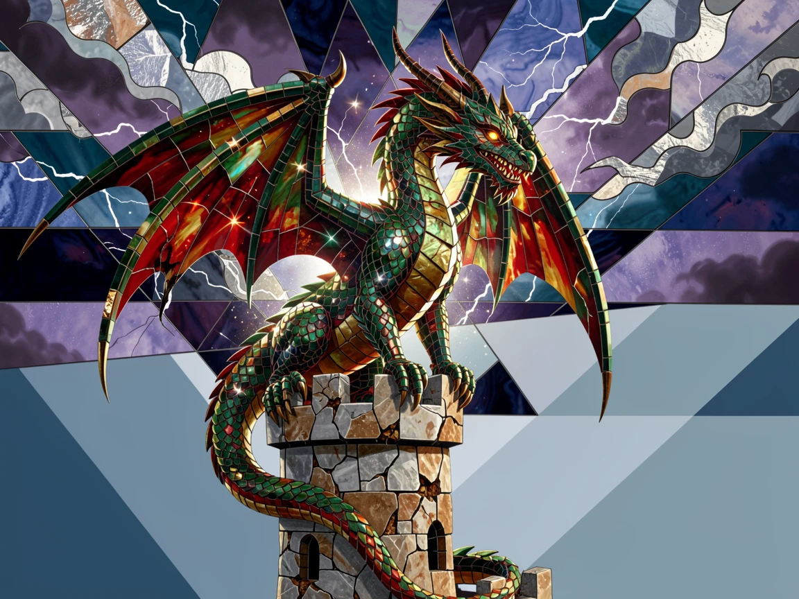 A majestic dragon perched atop a crumbling castle tower under a stormy sky, rendered with dramatic magical lighting and rich atmospheric detail.