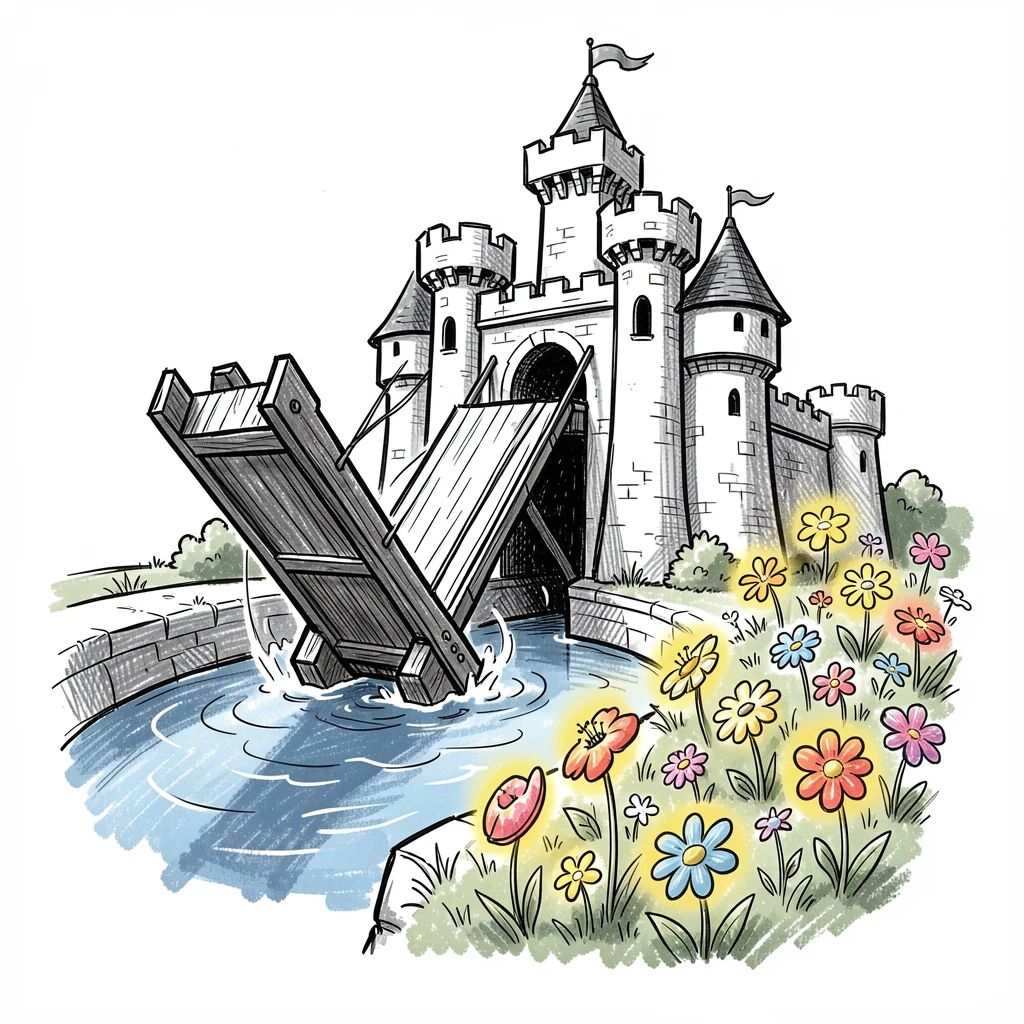 A castle drawbridge lowering over a moat beside a garden full of glowing flowers.
