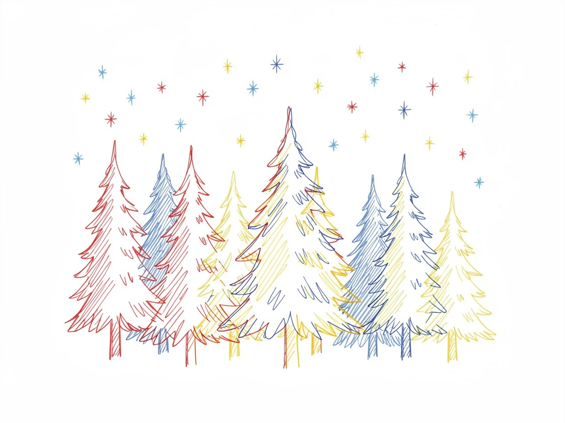 A crisp winter night with stars sharp and bright above snowy pines