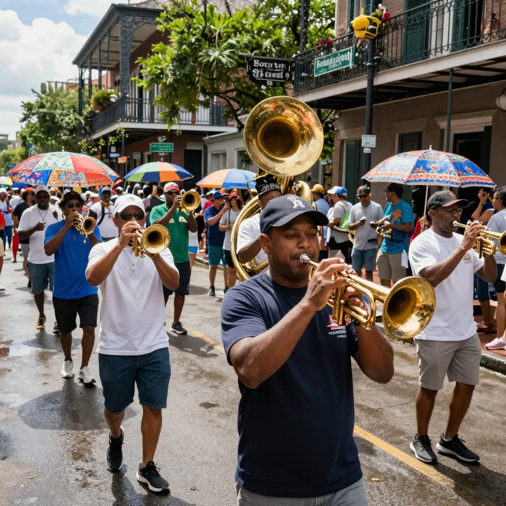 A New Orleans jazz parade with brass instruments and umbrellas
