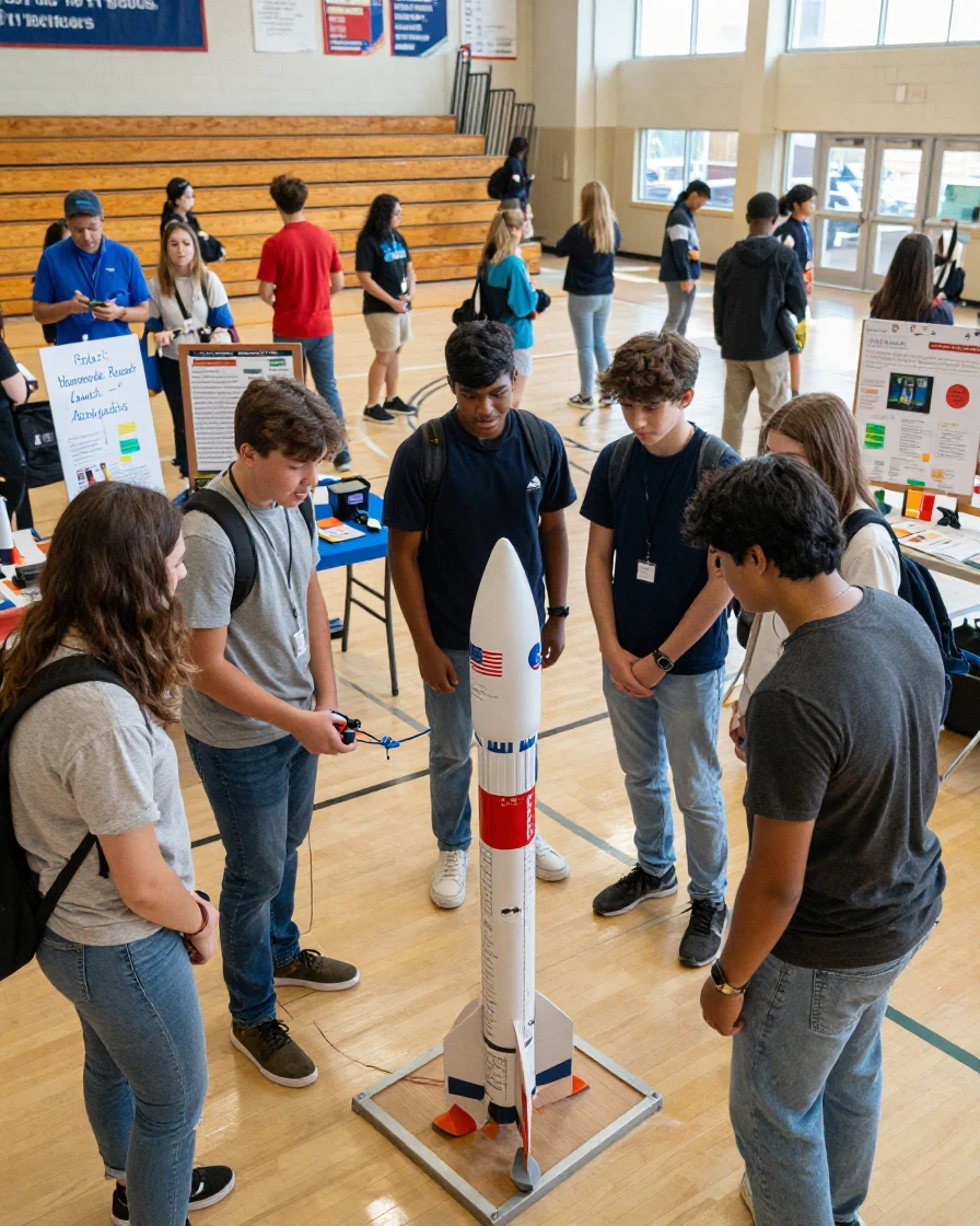 A group of students launches a homemade rocket at a school science fair.