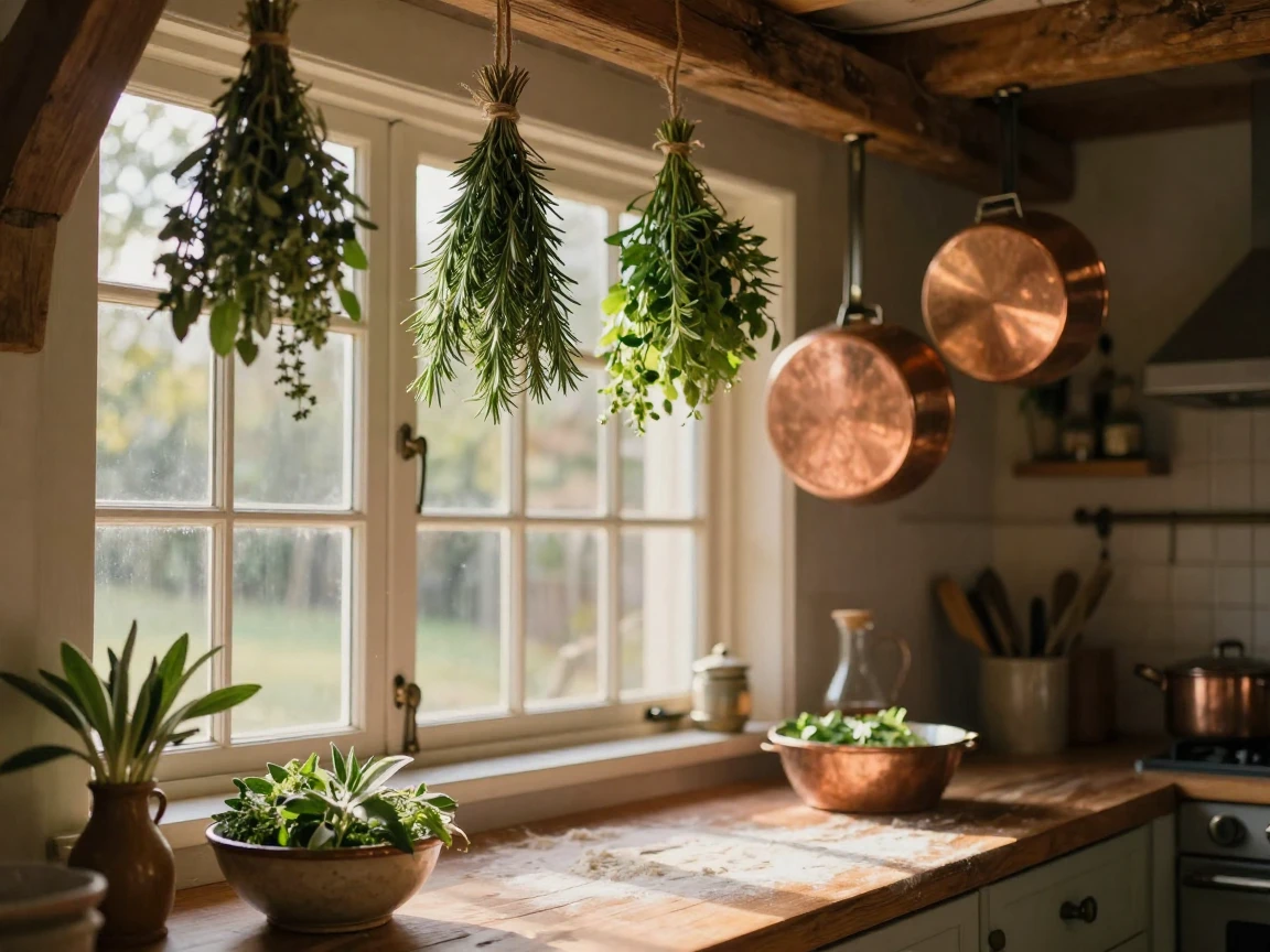 A kitchen filled with hanging herbs and copper pans as morning light spills through the windows
