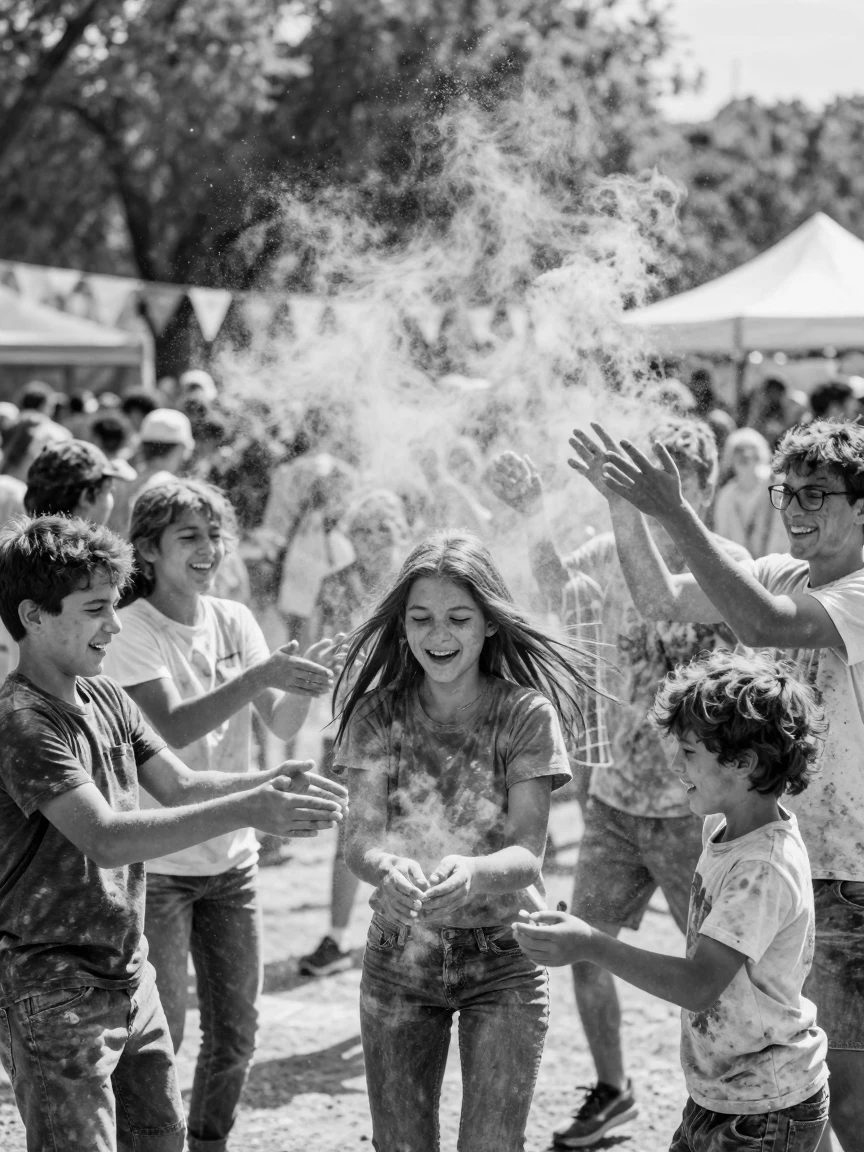 Revelers covered in colored powder throw handfuls of bright pigment during a vibrant spring festival.