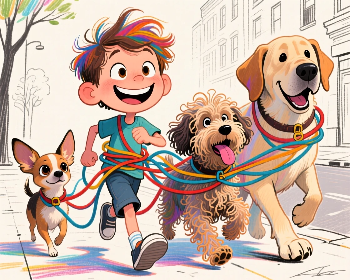A little boy proudly walking three dogs at once, leashes tangled comically.