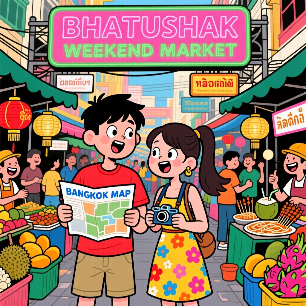 An iconic travel scene featuring a young couple exploring a vibrant street market in Bangkok, with a map slightly askew in hand.