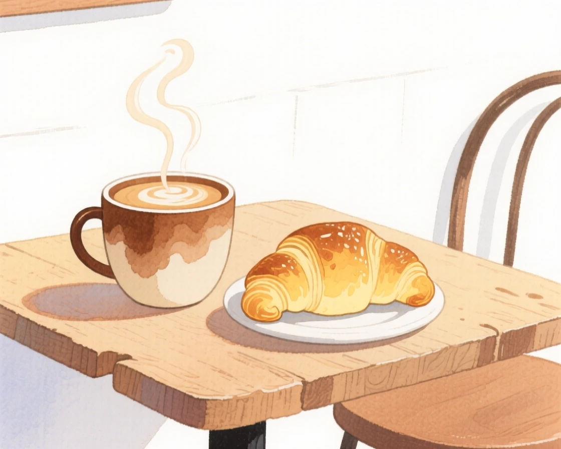 A cozy, appetizing, rustic and comforting scene of a cozy café corner with a latte and a croissant on a wooden table