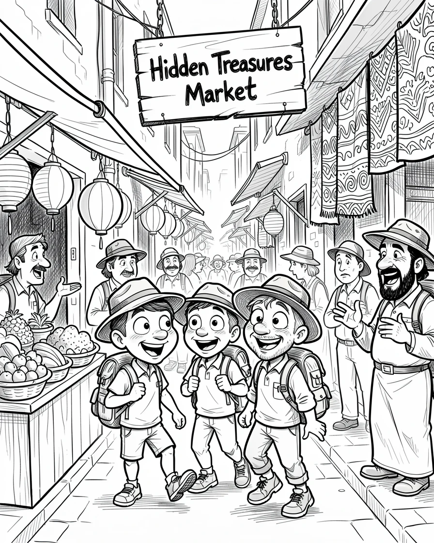 [Travel & Cultural Experiences] Vivid travel scene of a curious family of explorers exploring a hidden alleyway market, full of wonder and adventure