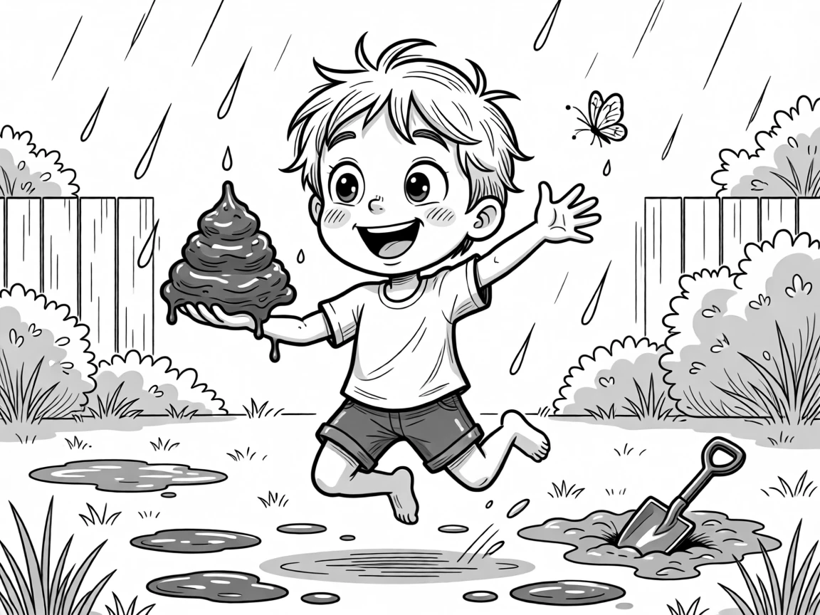 A kid proudly displaying a mud pie masterpiece, leaping with both arms outstretched to catch one, set in a backyard after a summer rainstorm. A plastic shovel lies abandoned in the sand. The image radiates the carefree magic of being young.