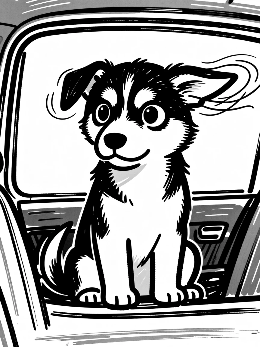 A husky puppy sitting attentively in a car window, ears flapping in the breeze.