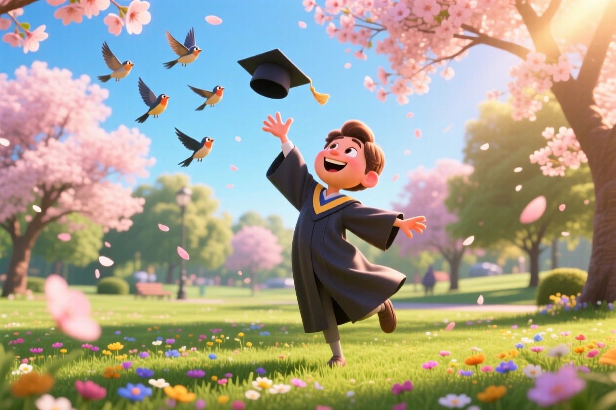 A graduate throwing their cap into the air unfolds in a sunlit park filled with blooming trees, with birds scattering into the sky nearby. A heartfelt sense of happiness fills the moment.