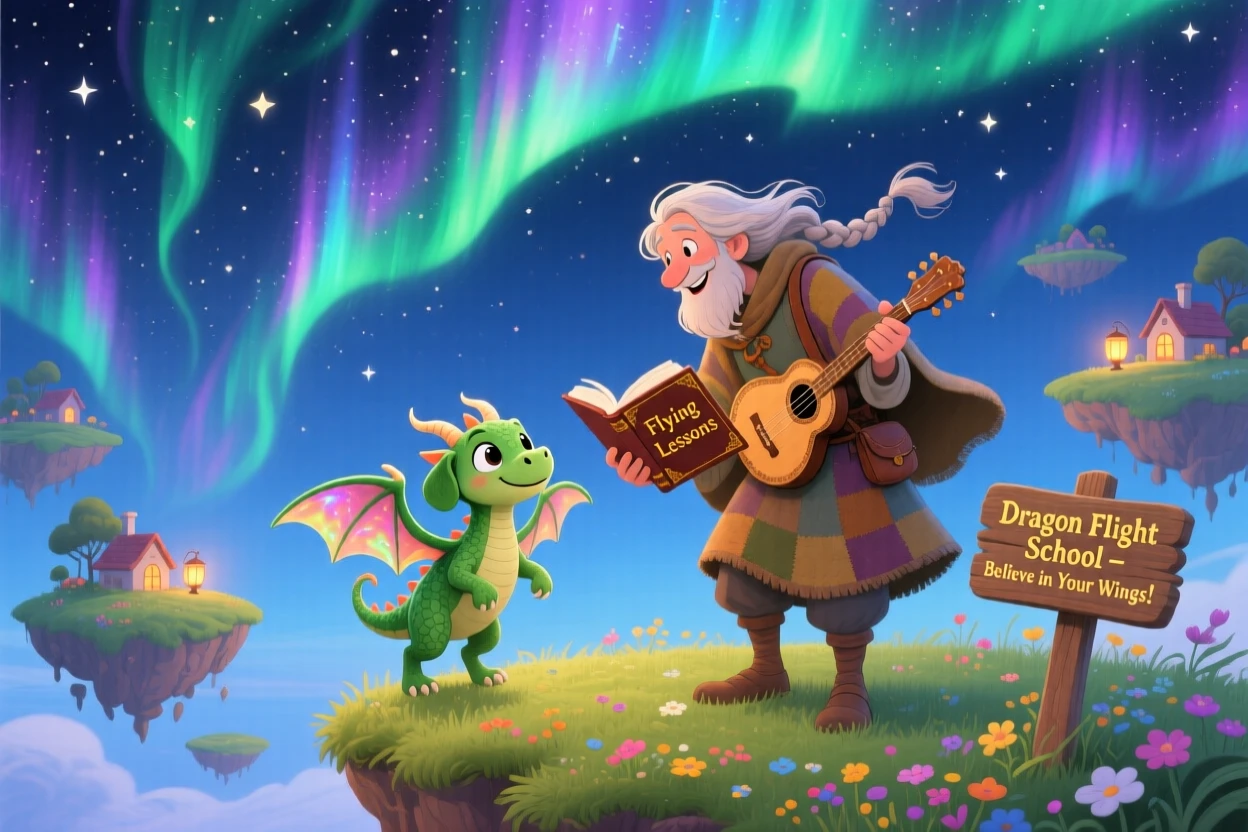 A wandering bard is training a baby dragon to fly in a sky full of drifting islands, as the northern lights ripple overhead.
