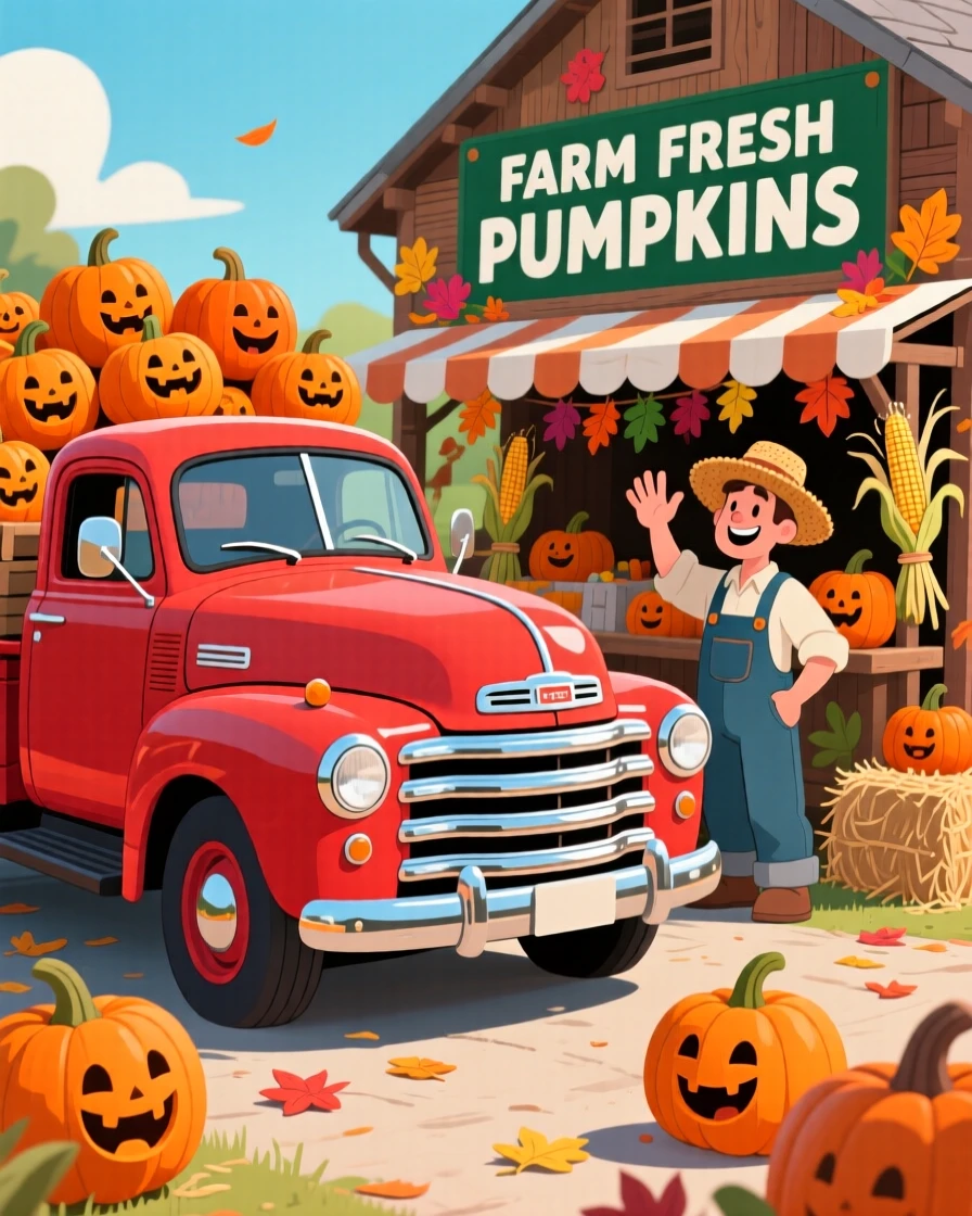 A vintage red truck loaded with pumpkins parked at a farm stand.