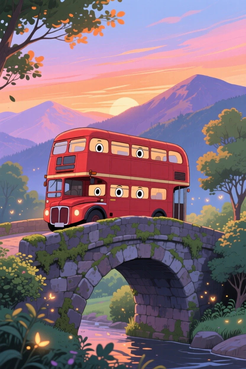 A charming scene of a red double-decker bus crossing a bridge at sunset, framed by distant mountains.