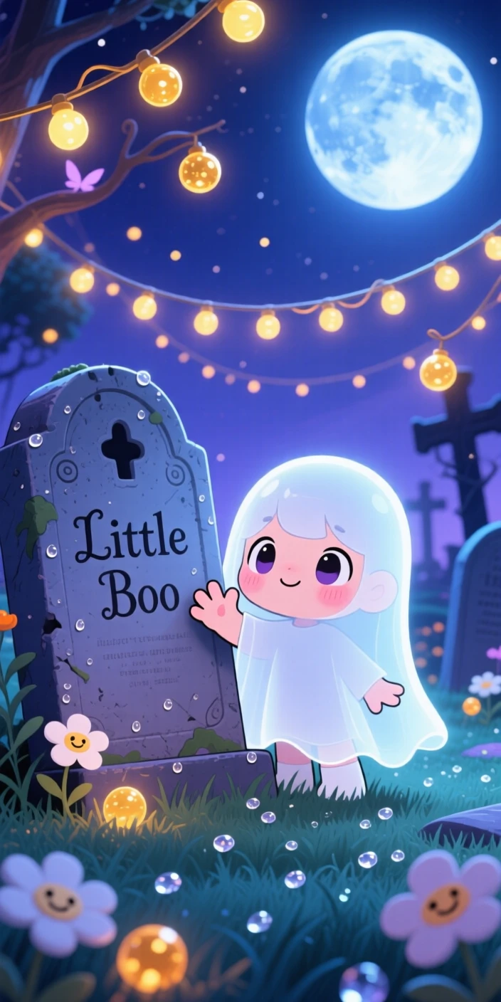 A shy ghost child waving hello from behind a tombstone, framed as a low-angle shot looking up within a whimsical moonlit graveyard garden, as morning dew glistens on the grass, glowing under glowing string lights, evoking warm affection.