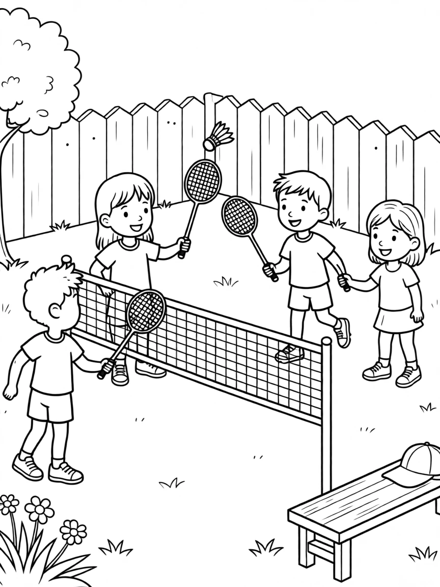 A group of children playing badminton in a backyard