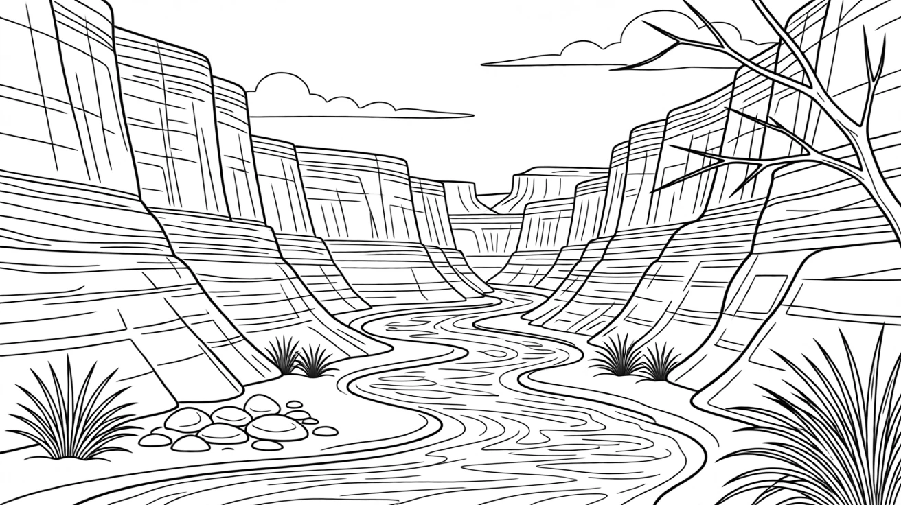 A canyon carved by a winding river, with reflections shimmering on the water's surface.