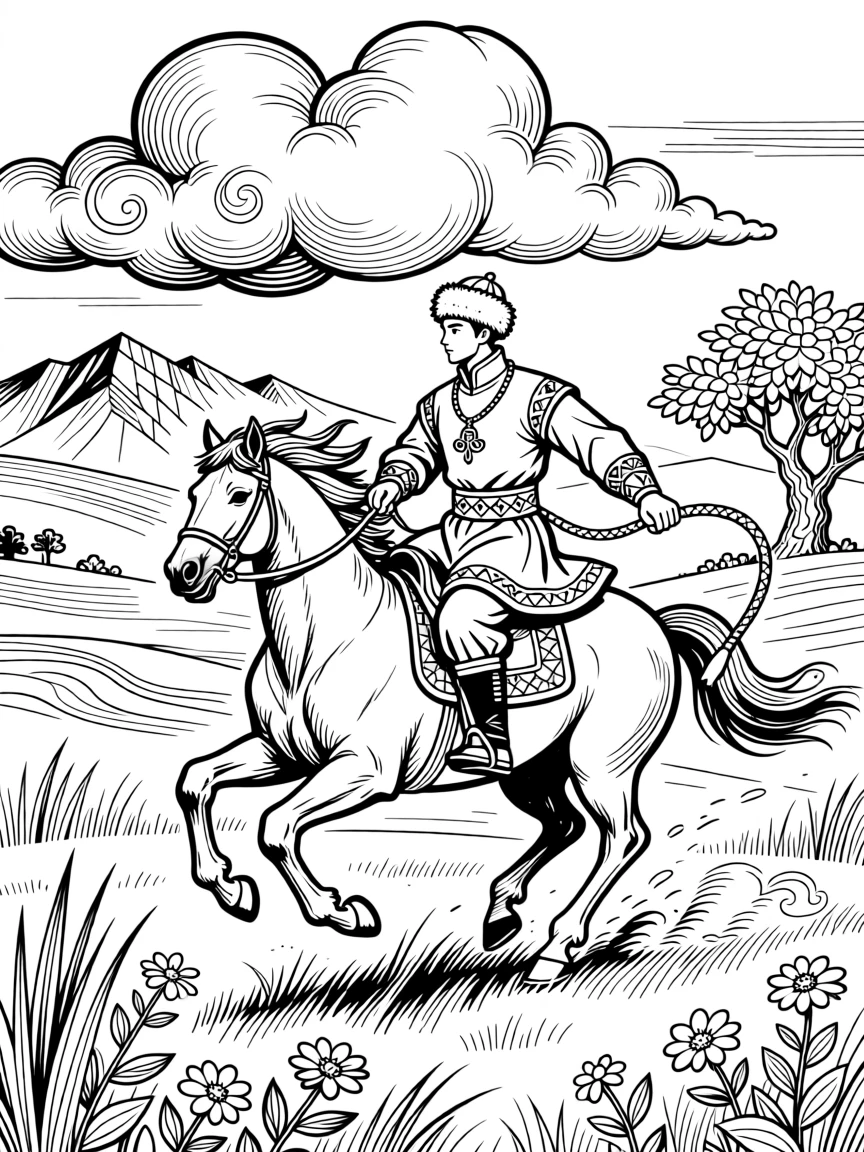 A horseman in traditional dress racing across the steppe.