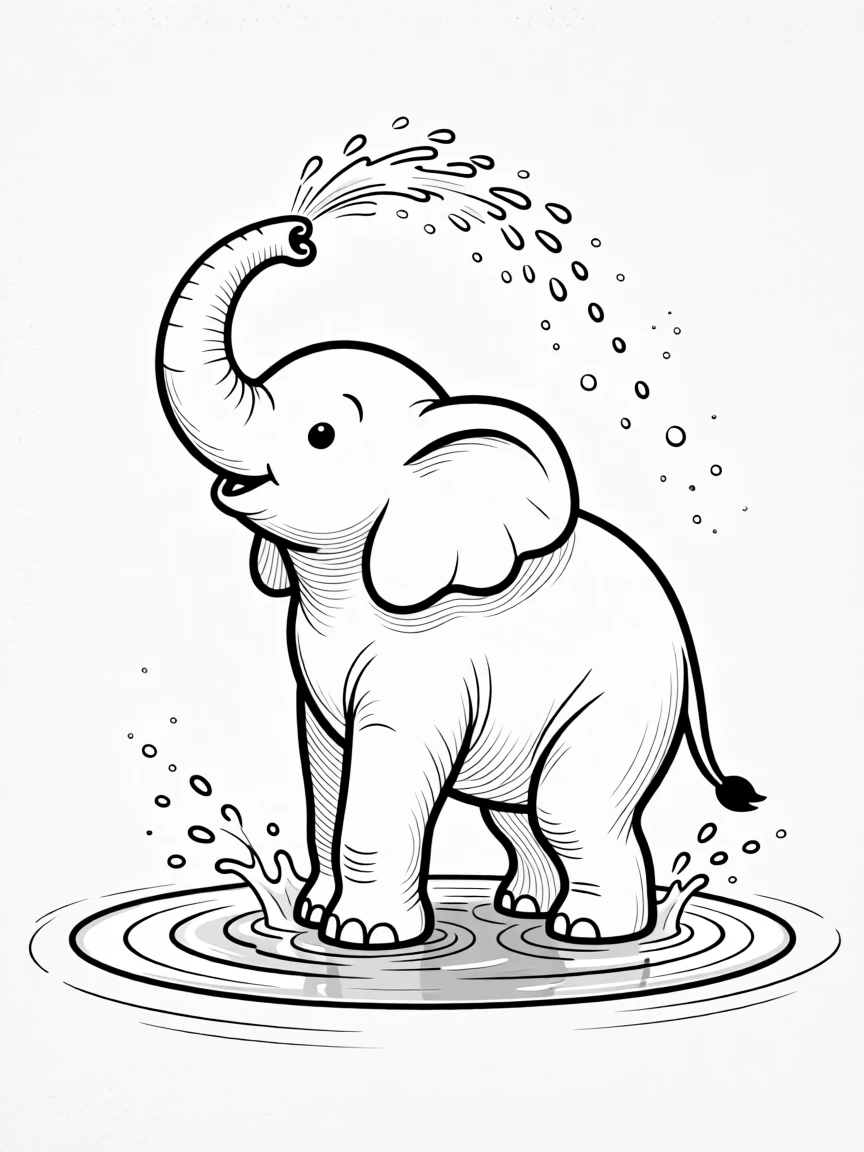 A baby elephant splashing in a puddle with its trunk raised