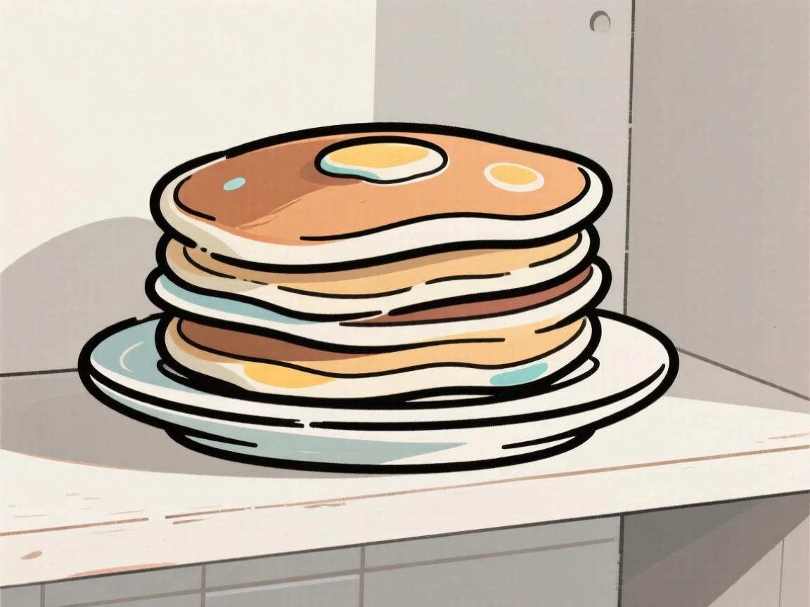A stack of pancakes-shaped ceramic plates on a kitchen shelf.