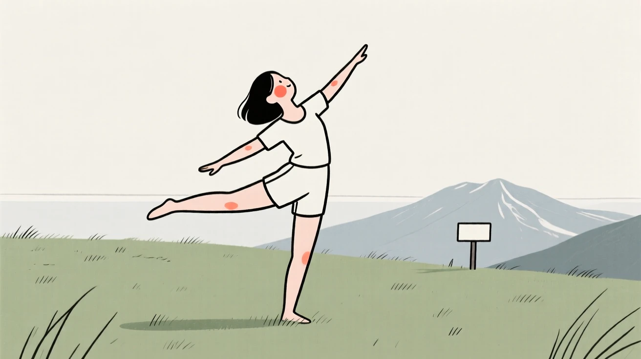 A mother practicing a cartwheel on the lawn, on a mountaintop overlook.