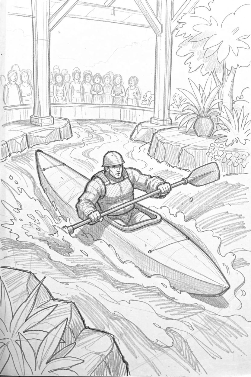 A dynamic action shot of a kayaker paddling through churning rapids in a peaceful garden studio, with the crowd blurred in the background.